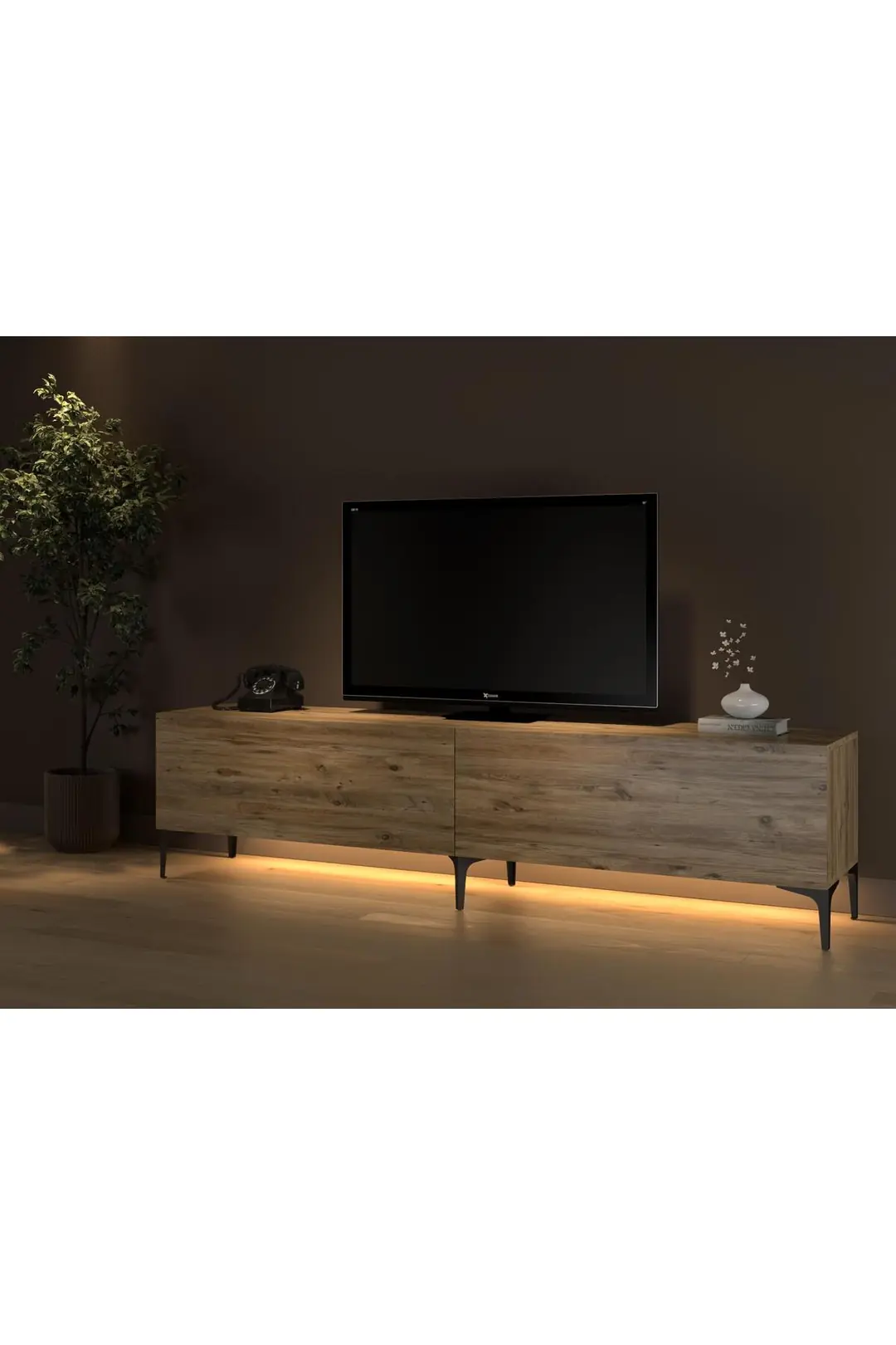 Napoli 200 Cm Led Işıklı Geniş Dolaplı Minifiksli Tv Ünitesi - Tv Sehpası - Atlantik Çam